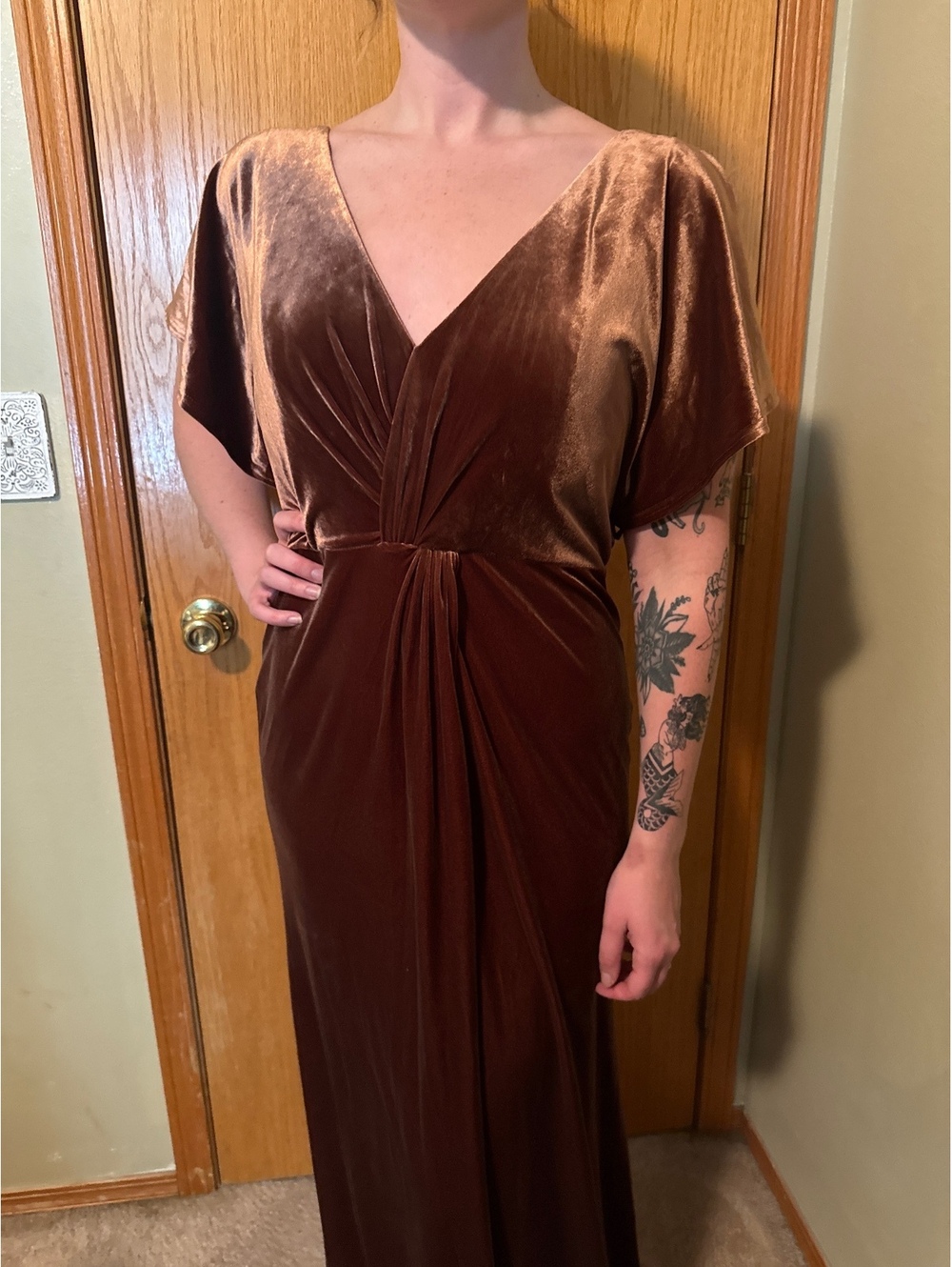 Revelry Brown Velvet Maxi Dress with Deep V Neck size 12